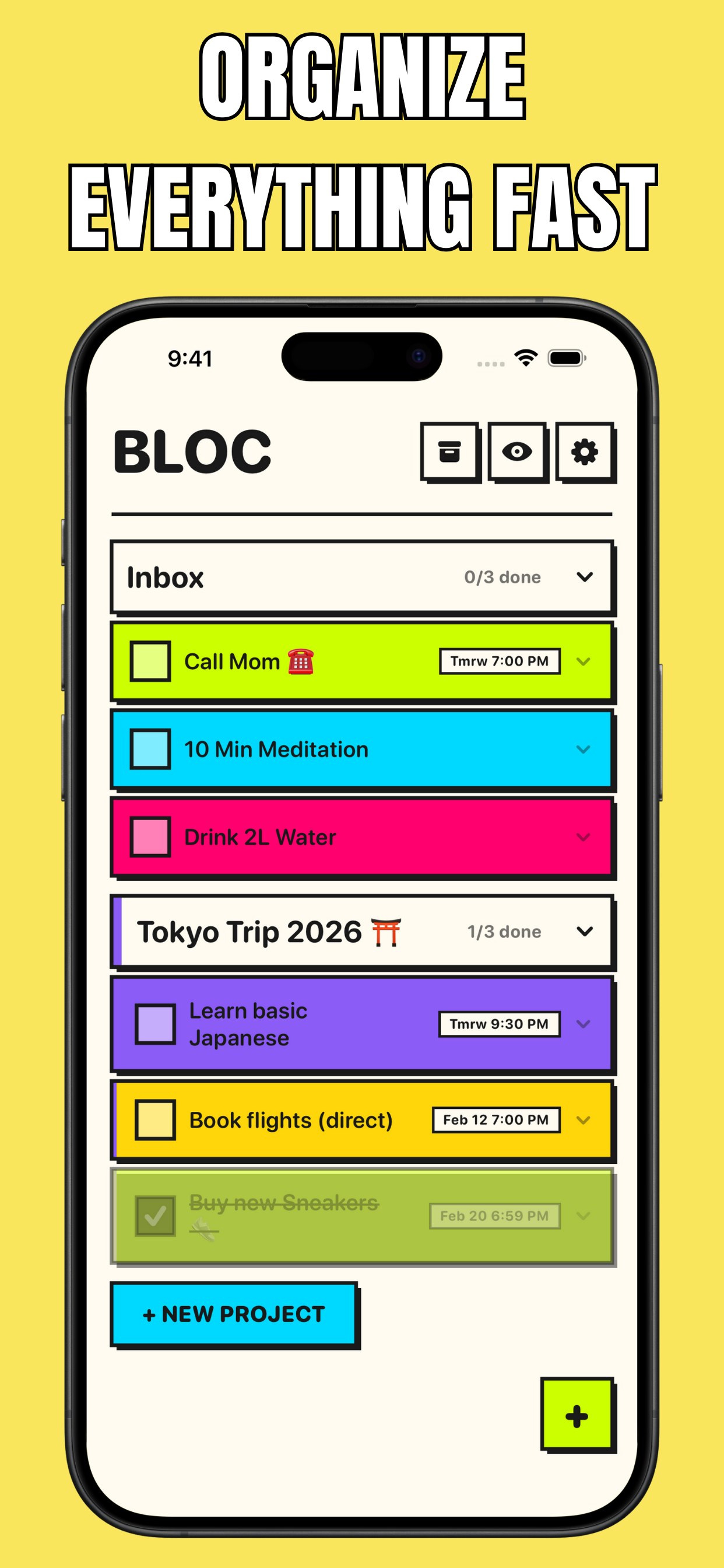 Bloc app inbox showing organized tasks with color-coded projects