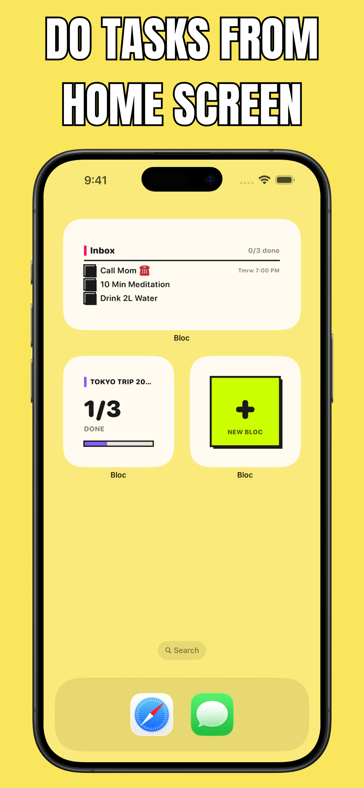 iPhone home screen showing Bloc interactive widgets