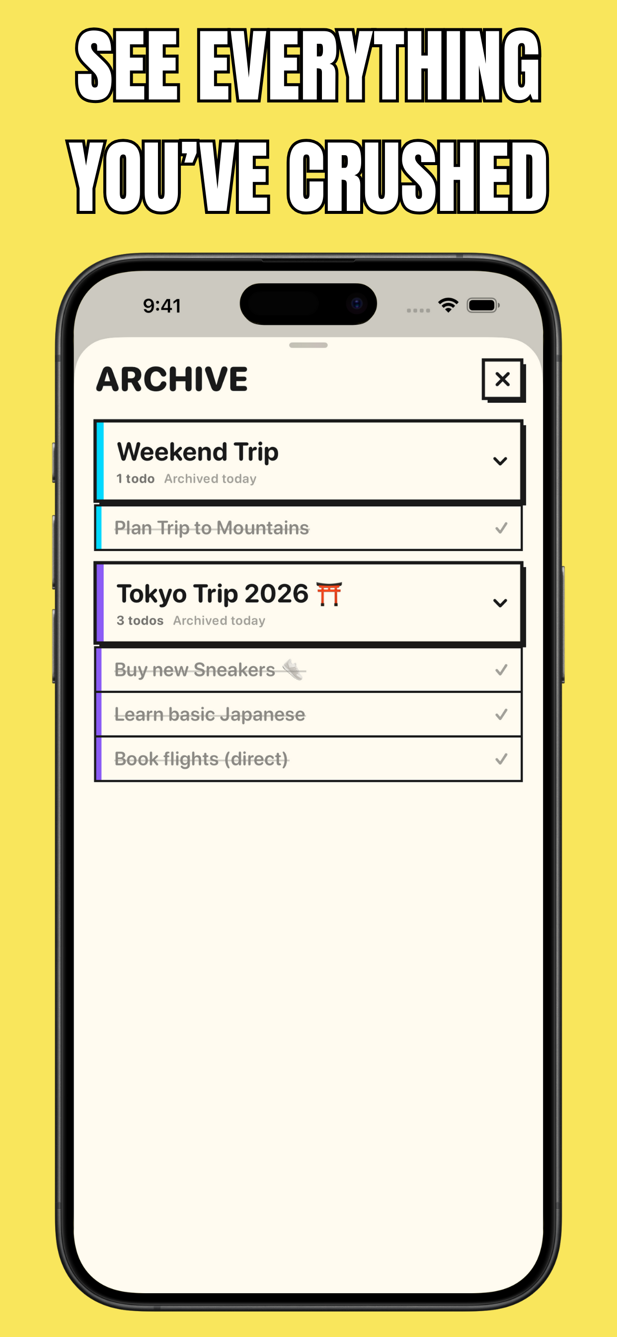 Bloc app archive showing completed tasks grouped by project