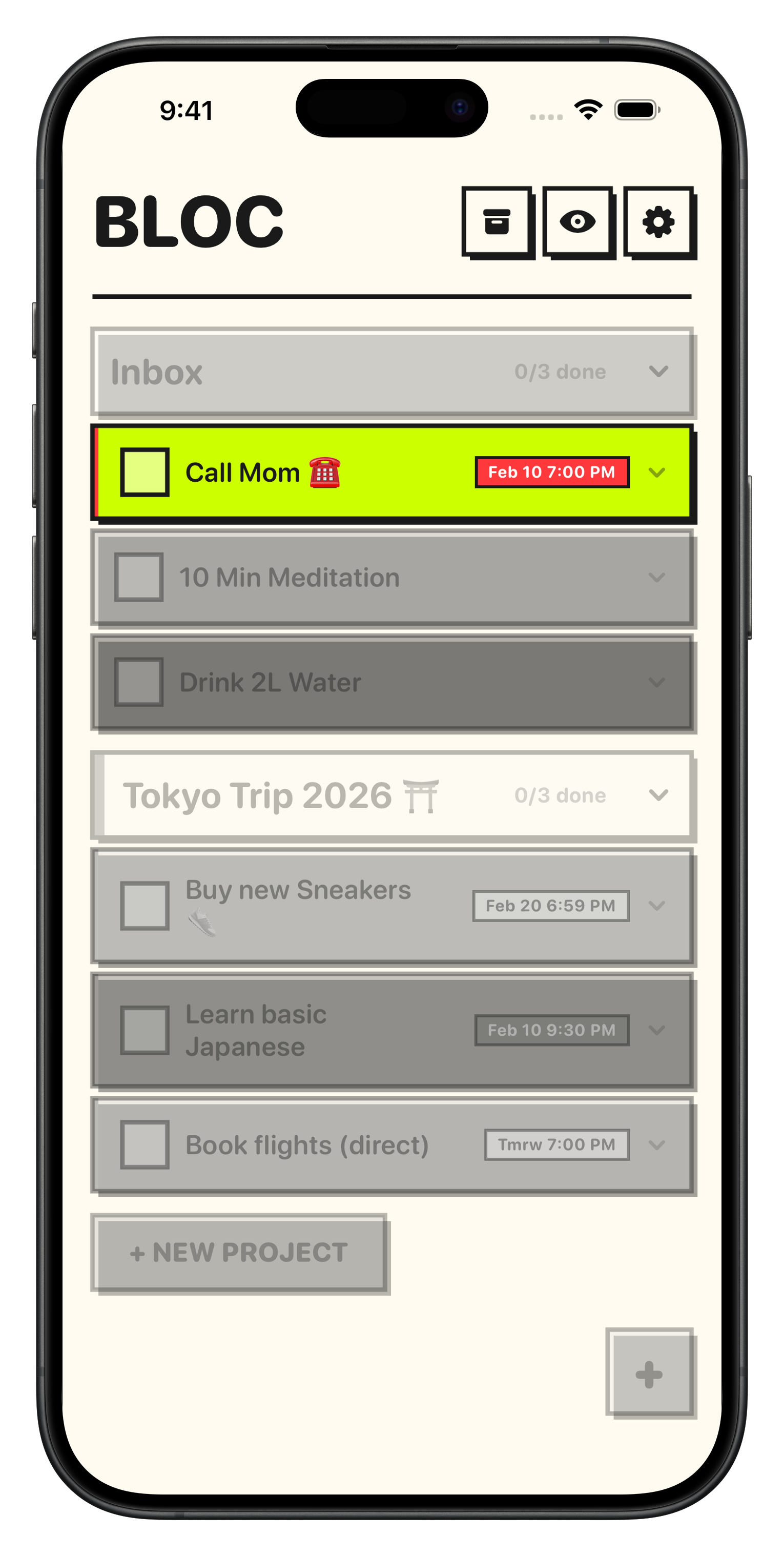 Bloc focus mode highlighting one task